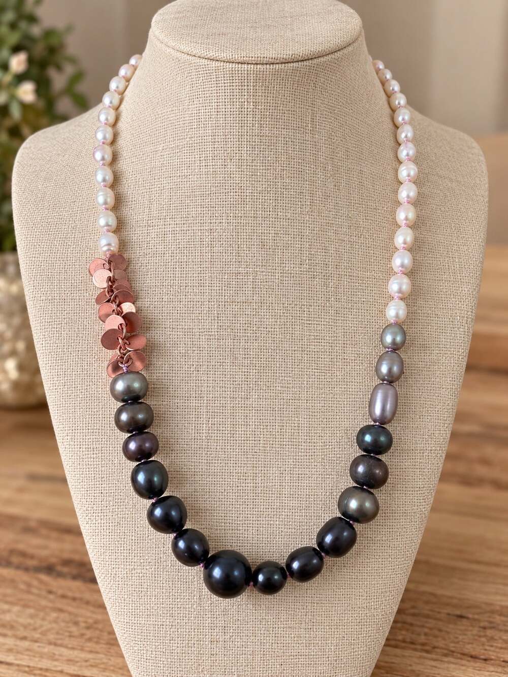 Peyote Bird Free Spirit Copper Discs Black White Pearl Necklace